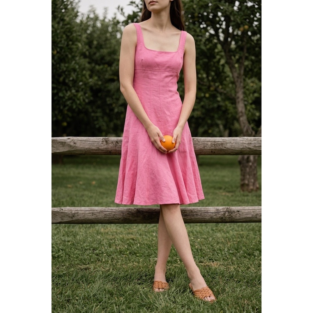 Lauren Ralph Lauren Pink 100% Linen Midi Dress Sleeveless Fit Flare Size 6